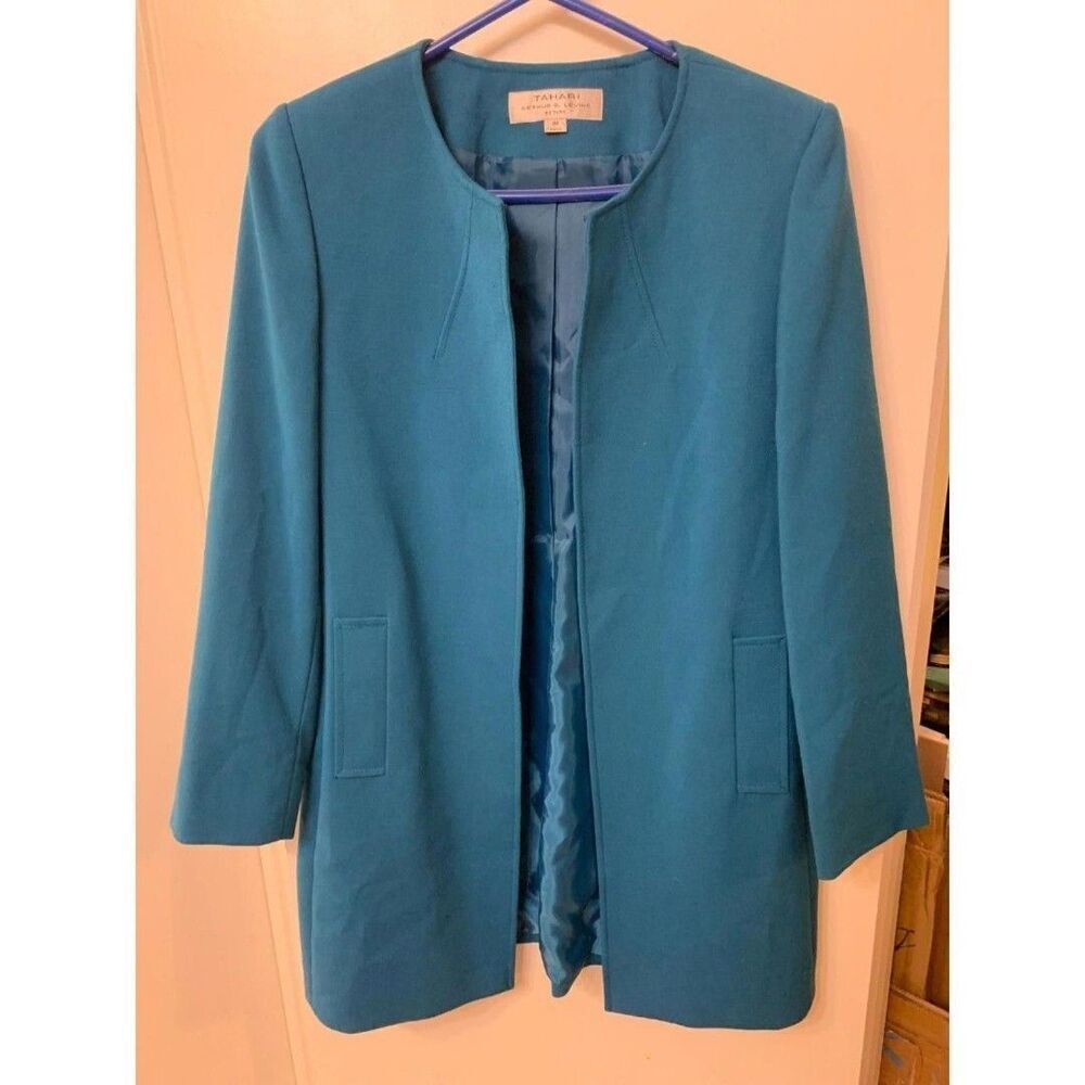 Tahari Arthur S. Levine Womens Blazer Jacket Teal Size 8P Career Workwear